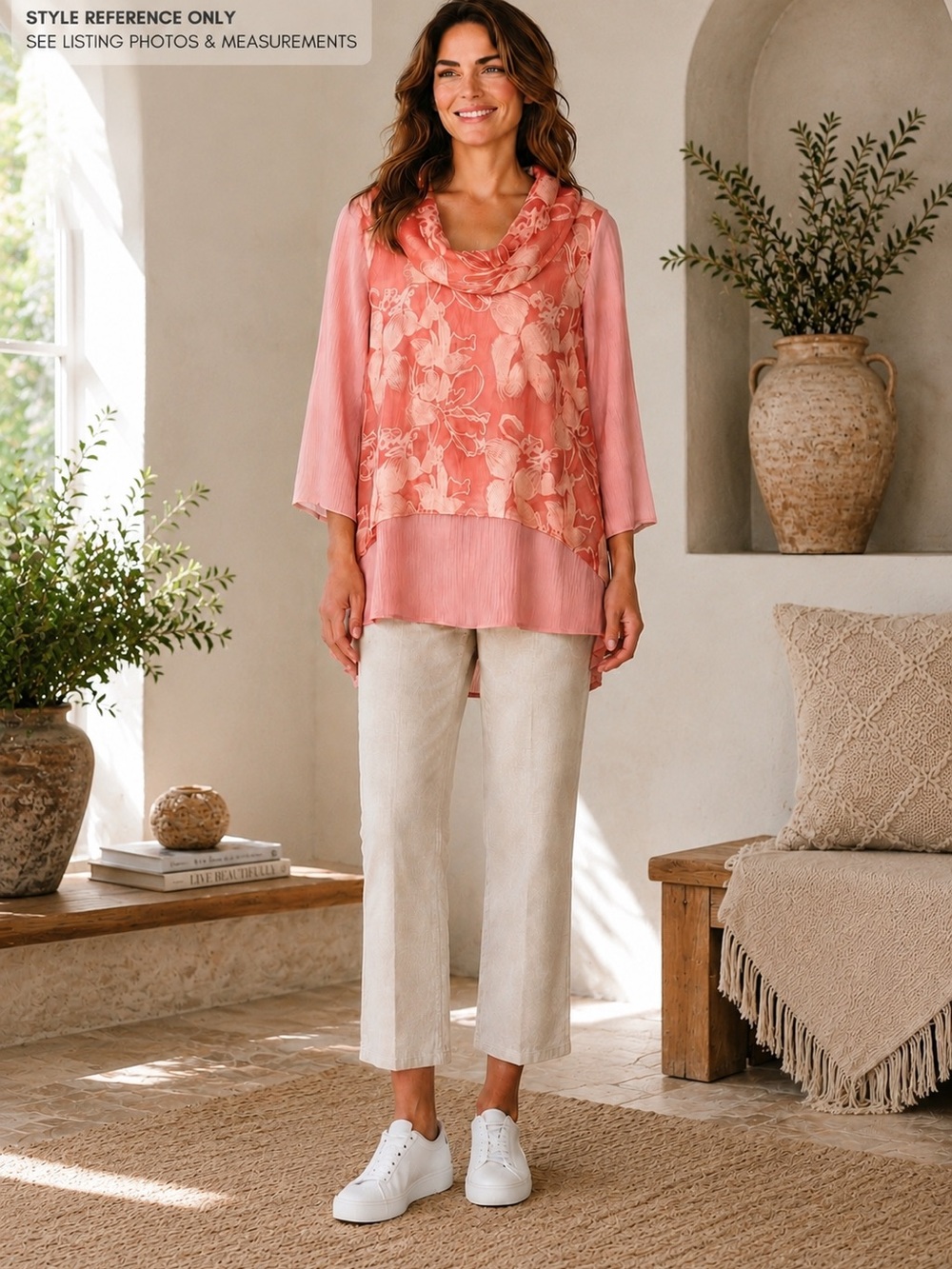 NWT Soft Surroundings Coral Silk Overlay Embroidered Tunic PS